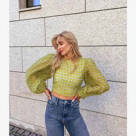 Ganni Womens 8 - 10 Yellow Plaid Organza Puffed Sleeve Cropped Top Blouse - Picture 15 of 15